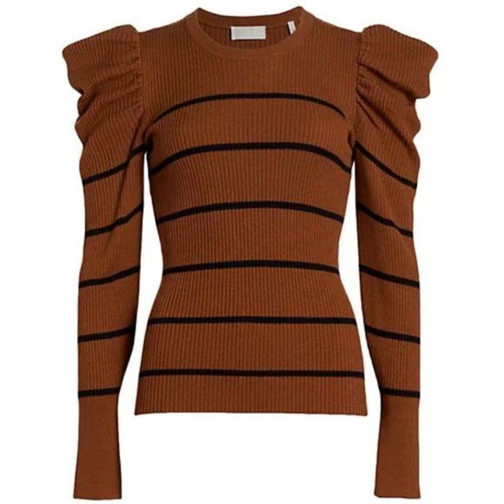 (New) Stripe Rib-Knit Puff-Sleeve Sweater
